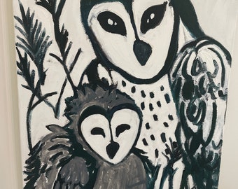 New Price Owl painting original oil on canvas black and white folk art brut mother and baby owl modern country home decor