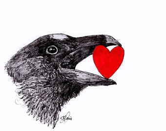 DIGITAL DOWNLOAD ART Crow with Heart in its Beak make print or card original drawing C.J. Davis Lovers Gift Anniversary Friendship Family