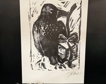 Crow with Gift Crow linoprint valentine or all occasion gift original printmaking by Crow Baby Press Valentine’s Day gift idea