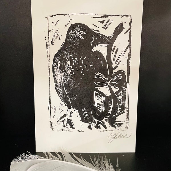 Crow with Gift Crow linoprint valentine or all occasion gift original printmaking by Crow Baby Press Valentine’s Day gift idea