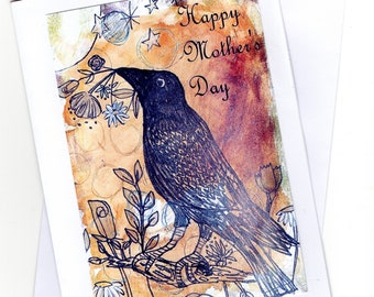 Happy Mother's Day Country Cottagecore Crow Card with artwork by CJ Davis crow with flowers for mom