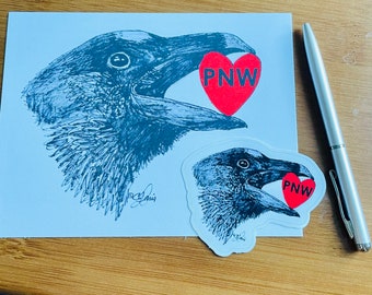 PNW Pacific Northwest Pride Crow holding heart card postcard or vinyl sticker