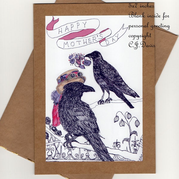 Whimsical Victorian Crow Mother's Day Card, or Crow Birthday Card, Cottage Core, Country, Prim, Charming art by C.J. Davis Crow Baby Press