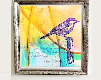 Yellow Bird art print, Unique Gift, Encouragement, Wellness, Recovery, Cottage Core art Emily Dickinson quote, hope is a thing with feathers