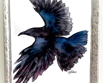 Flying Crow Art Print from Original Watercolor by C.J. Davis Zen Country  Pacific Northwest Emerson quote Father's Day gift idea