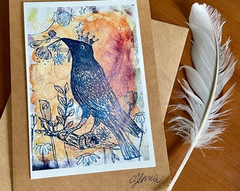 Cottagecore Country Crow card, love card, black crow designs, blank greeting card from original drawing by CJ Davis