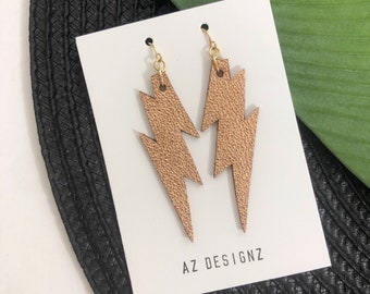 Metallic Rose Gold Power Bolt Earrings - Recycled Leather with 14k Gold Fill Earwires