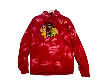 Przerobiona bluza z kapturem Chicago Blackhawks, przetworzona bluza Chicago Blackhawks, koszulka Chicago Blackhawks z wybielaczem Tye Dye, rozmiar dla dorosłych