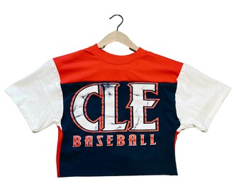 Geüpcycled Cleveland Guardians-T-shirt, kleurblok Cleveland Guardians crop top, maat medium, Guardians cropped T-shirt