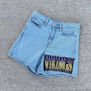 Upcycled Vikings Denim Jean Shorts, Reworked Vikings Shorts