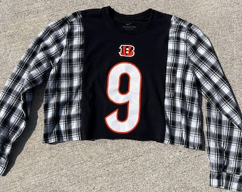 Upcycled Cincinnati Bengals Denim Flannel Shirt, Reworked Cincinnati Bengals Shirt, Joe Burrow Shirt