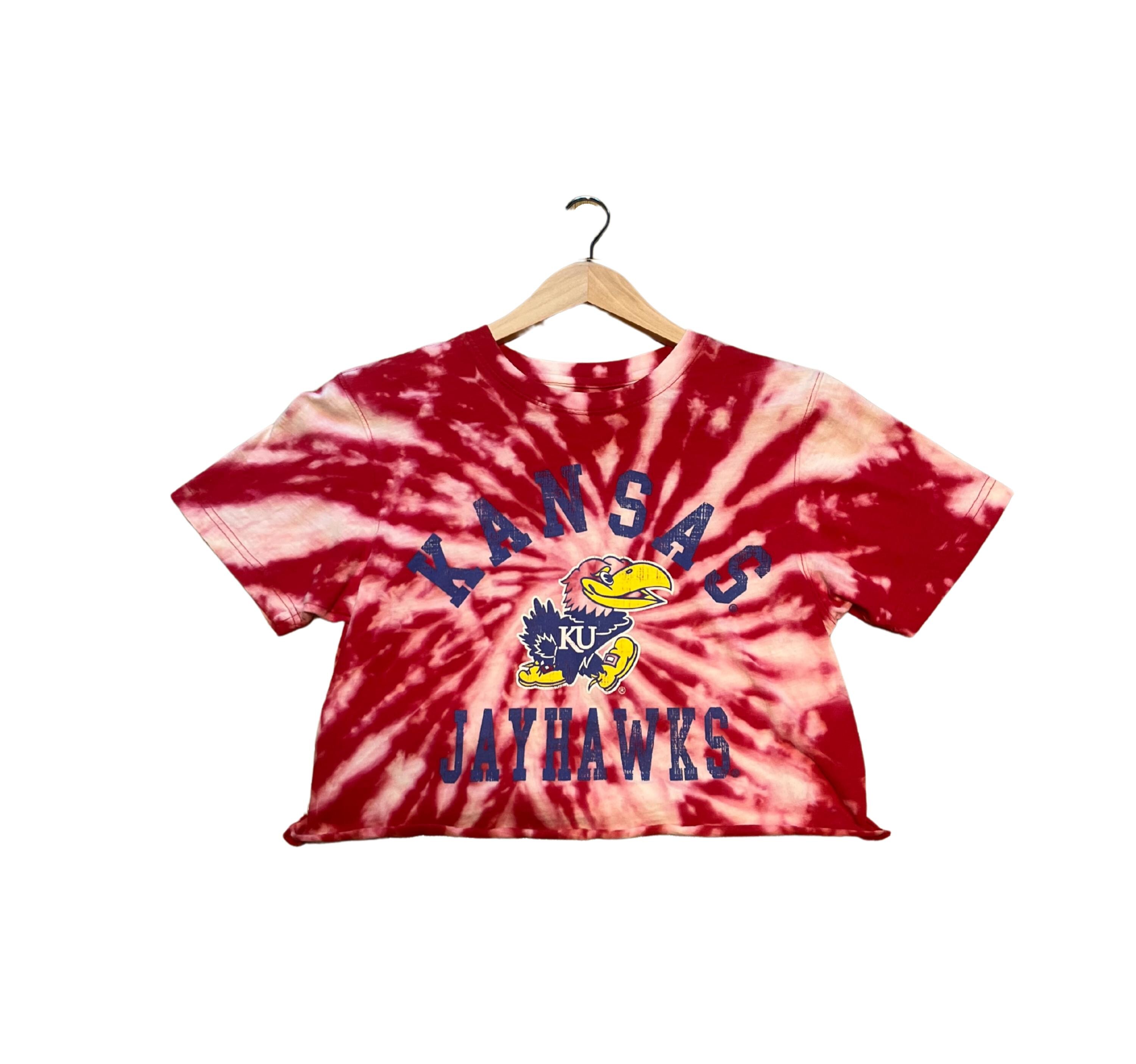 Kansas Jayhawks T-Shirt, Reworked Kansas Jayhawks Shirt, Size Small, Kansas Jayhawks Bleach Tye Dye Crop Top