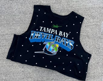 Geüpcycleerde Tampa Bay Rays-tanktop met strass steentjes, herwerkte Tampa Bay Rays crop-top, Rays-shirt