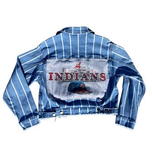 Upcycled Cleveland Guardians Jean Jacket, Reworked Cleveland Guardians Denim Jacket, Size Medium, Throwback Indians Cropped Jacket