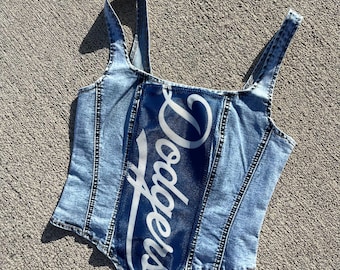 CUSTOM MADE! Game Day Denim Corset Top, Custom Upcycled Game Day Corset Top