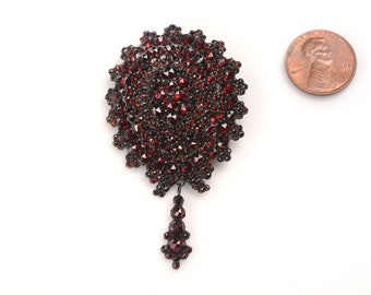 Antique BROOCH _ Bohemian Garnets with Small Garnet Pendant off of the Base:  Rose Cut Garnets, Silvered Gold Tone Metal