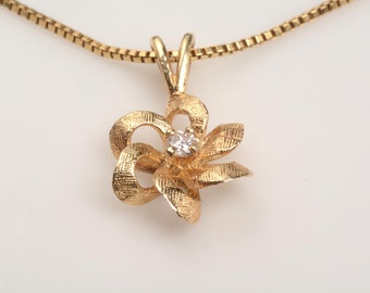 True Diamond, 14kt Gold Necklace:  Stylized Blooming Flower Pendant