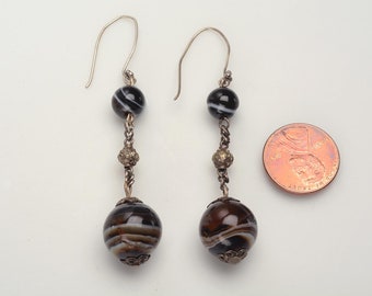 Natural Banded Agate EARRINGS,  2 1/2 inches long:  Natural Black, Brown and White Agate