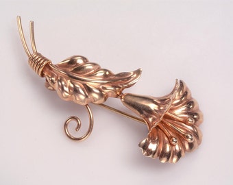 1940's Rose Gold Single Stem FLORAL BROOCH:  Solid Rose Gold Accessory