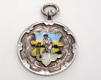 Hallmarked English Enameled Silver Fob CharmPendant - dated 1928,  Runner Up Prize for CRICKET - Perfect for a charm bracelet or pendant