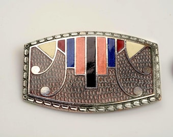 Bold ART DECO Brooch with cloisonné design enamel work - silver tone metal - definitely vintage.