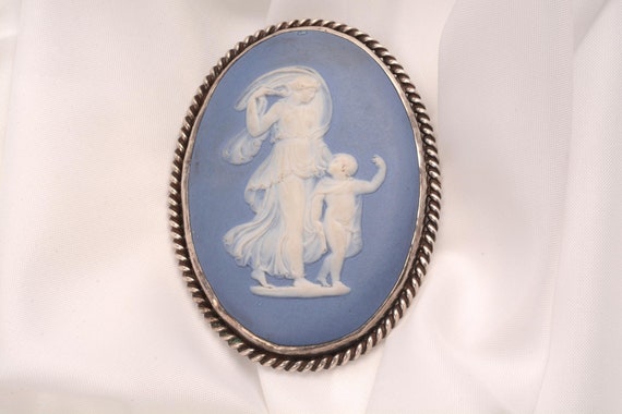 Large Blue and White Jasper Brooch of Mother and … - image 1