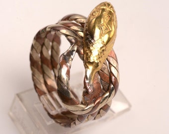 Beautifully Designed Unisex SNAKE Ring:  Hand made of silver, brass and copper - size 8.5