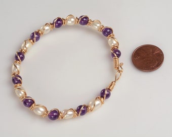 Vintage 14k Amethyst Bead Bangle: Deep Purple Amethysts, Creamy Cultured Pearls -  Very Comfortable to Wear