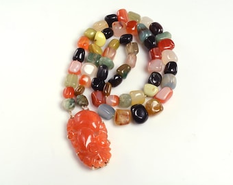 Statement Necklace:  Many Colors of Polished Agate Beads with a large CARVED CARNELIAN PENDANT set within a 14k prong setting