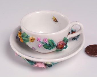 MINATURE  Cup and Saucer c.1902: Edwardian Hand Painted Sitzendorf Porcelain