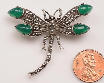 Silver Dragonfly Brooch Marcasite, Chrysoprase: Fine vintage condition