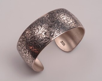 Sterling Open CUFF Bracelet: Signed Danecraft. Entire silver surface covered with a beautiful floral design, fine vintage condition
