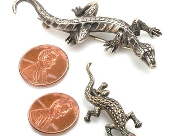 PAIR of Three dimensional LIZARD Brooches: Sterling Silver c.1920's (poss. earlier) with open "c" clasps