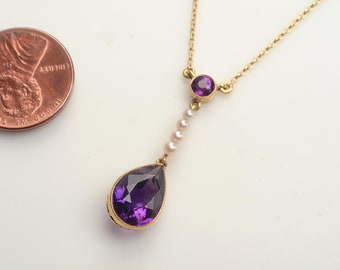 14k PENDANT NECKLACE, Best Edwardian style:  Deep Purple Amethyst Teardrop, Cultured Seed Pearls, Fine Vintage Condition, All Occasions