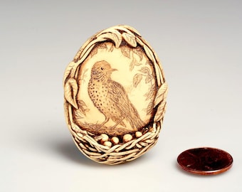 Very Detailed Faux Scrimshaw  signed by listed Rhode Island School of Design artist R.H. Badeau:  titled "Wood Thrush"