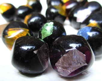 Vintage Black Glass FOILED BEADS, Four colors of foil:  Studio production 1950's