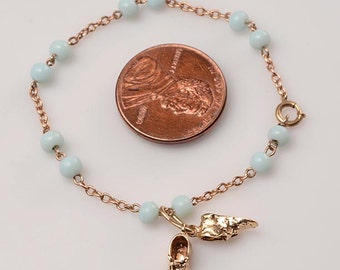 Vintage 14kt Child's Charm Bracelet with gold links, gold baby shoes and pale BLUE beads:  Birth gift, christening