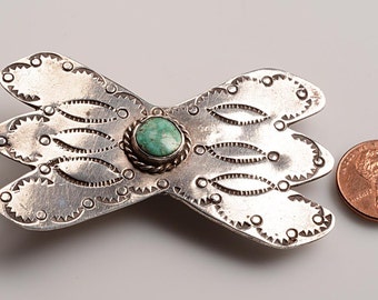 Large Navajo Silver Brooch with Hand Stamped Design and Bezel Set Turquoise - FREE US shipping