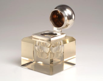 Impressive Desk INKWELL:  Beveled CRYSTAL Cube -  Sterling SILVER Top Signed Black, Starr & Frost