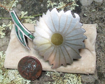 Signed Los Castillos SUNFLOWER Brooch: Sterling Silver, Brass and Turquoise Mosaic