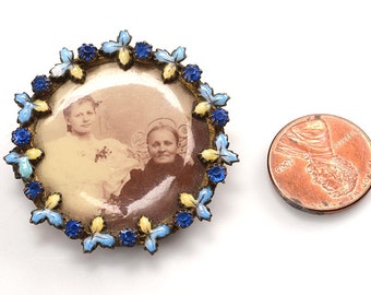 Victorian PHOTO BROOCH with unusual blue and yellow enamel, BLUE rhinestone frame - Wedding jewelry, love token - history of photography