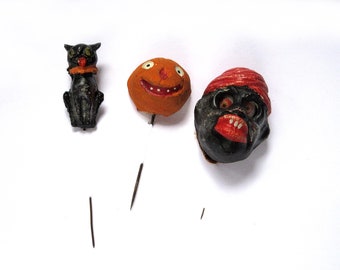 Trio of Halloween Stick Pins circa 1920's:  molded and painted plaster of Paris