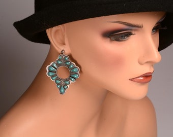 Mexican Silver EARRINGS with Poured Glass Turquoise Gems:  Runway Size