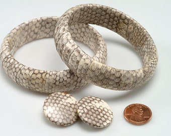 Pair of GOTH Leather Bangle Bracelets w/ matching Clip Earrings:  SNAKESKIN Pattern - 1960-1970 - Very retro, very Goth