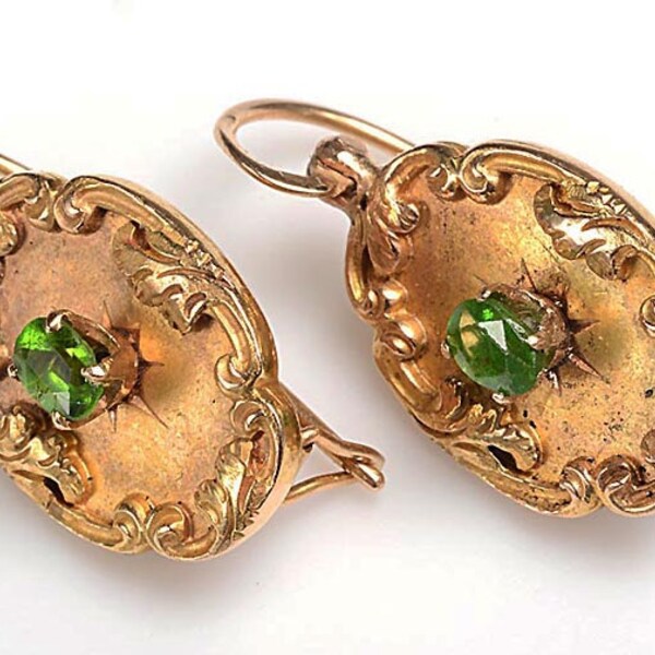 Very Beautiful, True Victorian 14kt Yellow Gold and Emerald Pierced Earrings: Unisex, all ages, May birthstone, engagement ring, love token