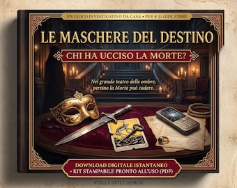 Può includere: Un kit di gioco investigativo intitolato Le Maschere del Destino Chi ha ucciso la morte? con una maschera dorata, un pugnale d'argento, una carta dei tarocchi con uno scheletro, un cellulare rotto, un anello d'oro e una corda su un tavolo.