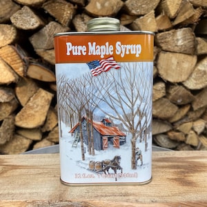 Pure VT Grade A Wood Fired Maple Syrup in a Quart Tin container
