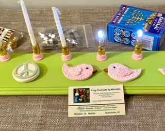 Pink Birds, Ballet, Princess Wand, Hamsa, and Peace Menorah on Lime Green Wood Board