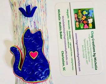 Cat Silhouette Mezuzah - Royal Blue on multi colored Blue, Violet, Green, and White Polymer Clay Case