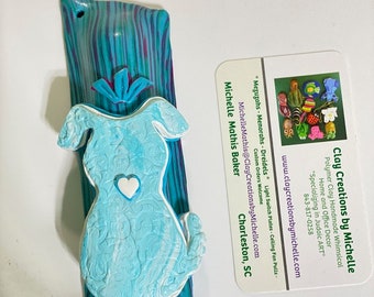 Dog Light Blue on Turquoise, Fuchsia, and green Polymer Clay case